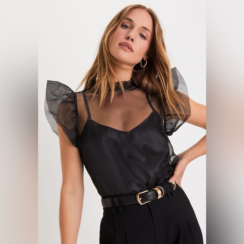 Black Sheer Organza Ruffled Short Sleeve